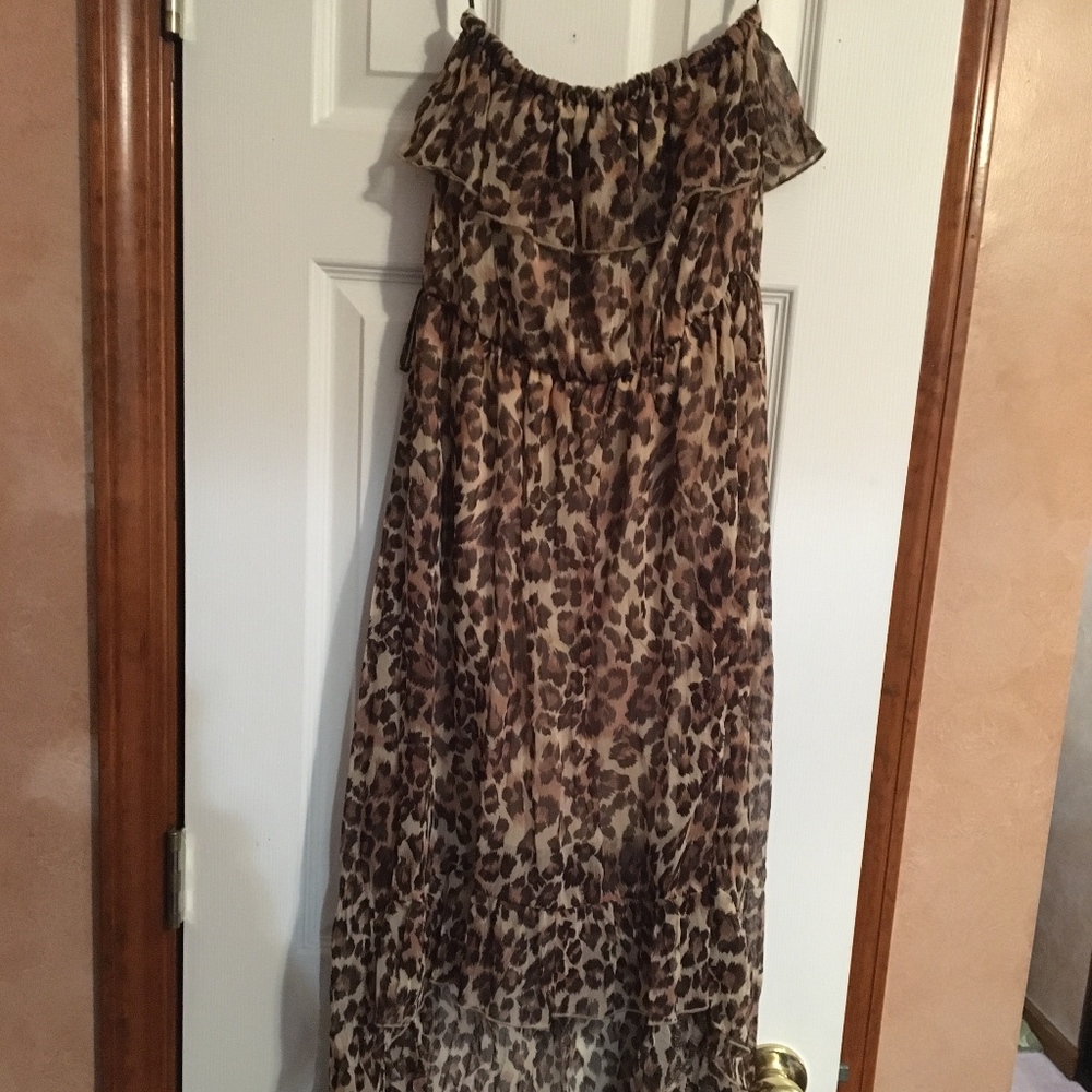strapless leopard high low dress